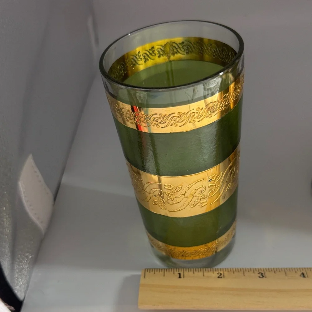 MCM Style Green and Gold Decal/Scroll Highball Glasses - Picture 6 of 6